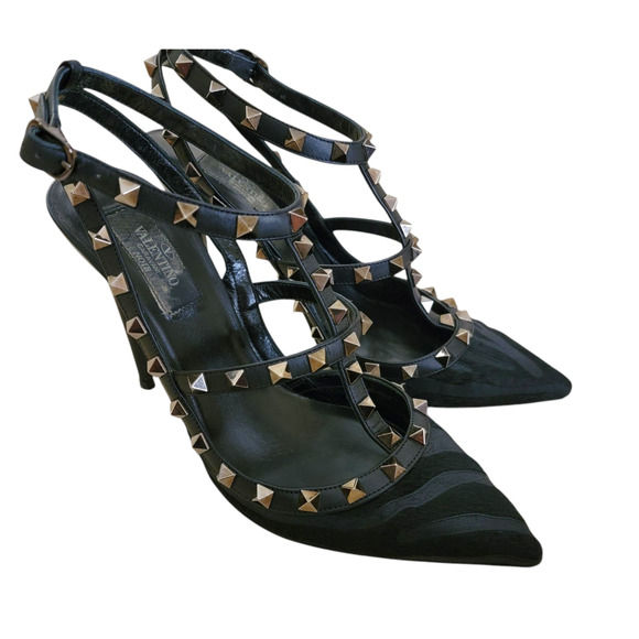 Valentino Rockstud Black Leather Zebra Calf Hair Ankle Strap Pumps Heels 39 9 - Picture 12 of 12